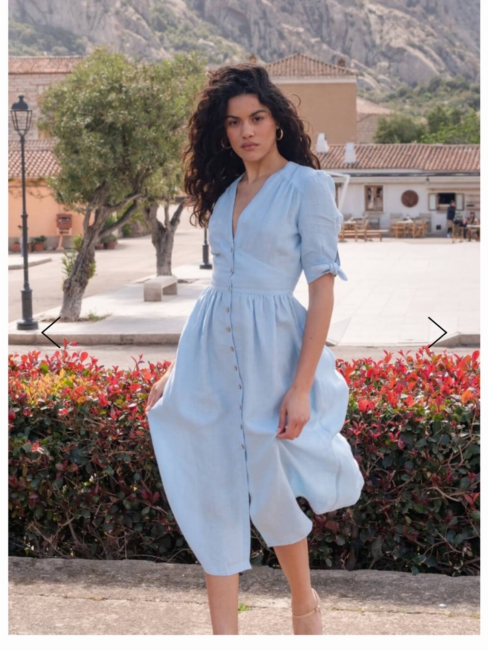 Navy 100% Linen Button-Front Navy Midi Dress with Puff Sleeves